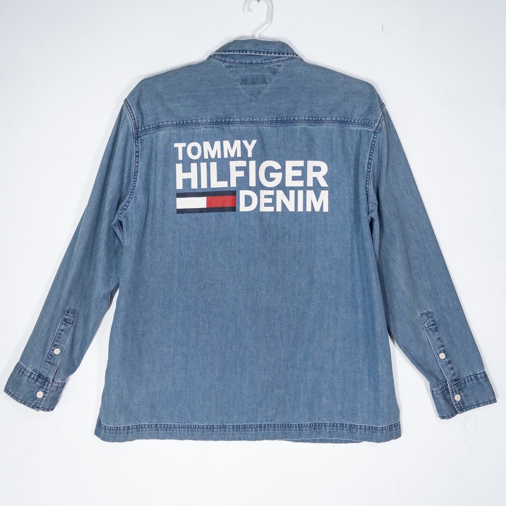 Tommy Hilfiger Denim 90s Style Zip Front Denim Shirt Mens L Shacket Americana